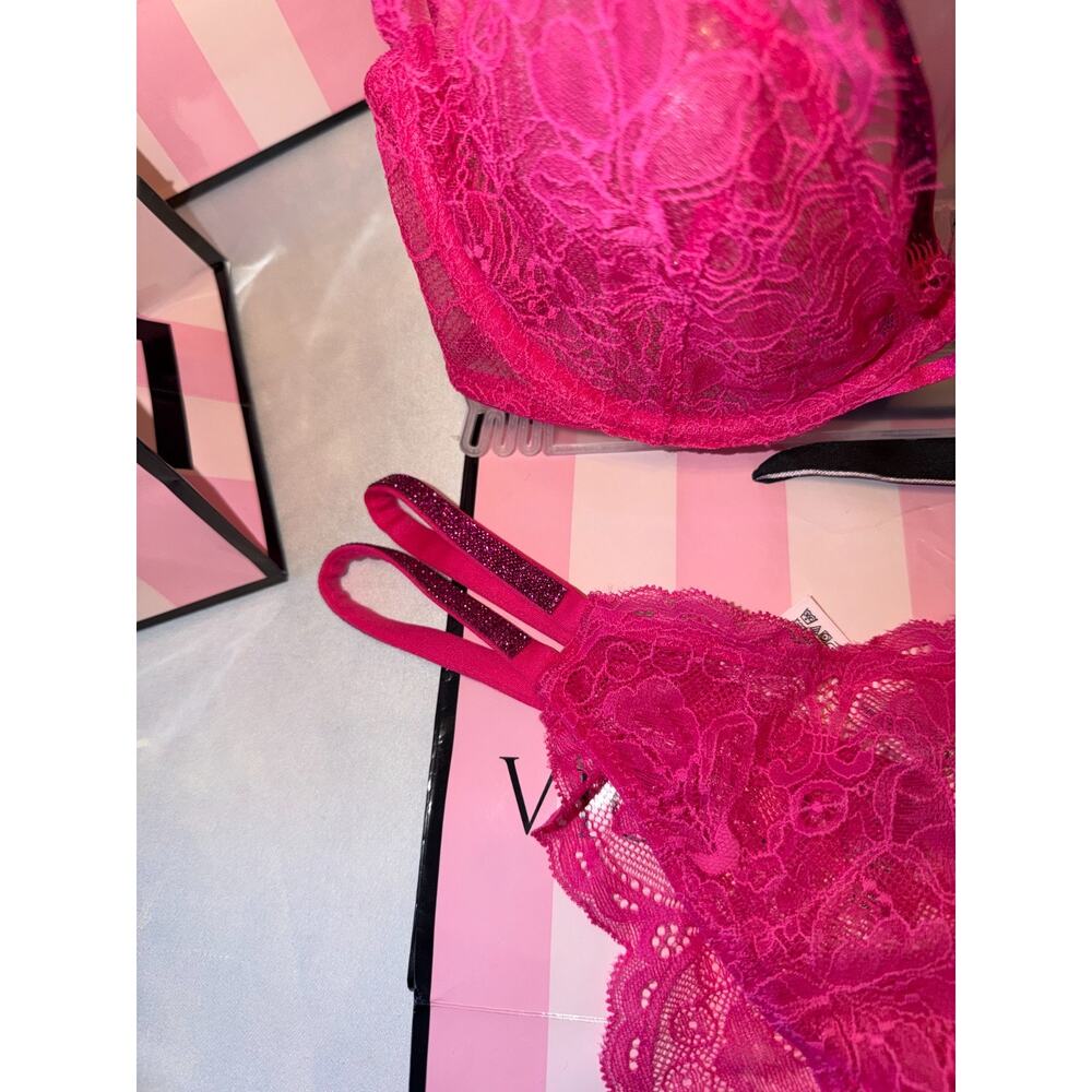 Victorias Secret Bra Very Sexy Bling Strap Set Pink Fusia 32B Small Thong - Picture 4 of 9